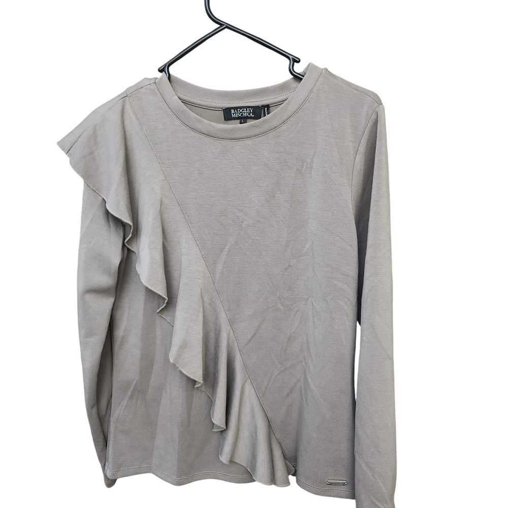 Badgley Mischka Taupe Asymmetrical Ruffle Long Sleeve Top L Luxury Minimalist